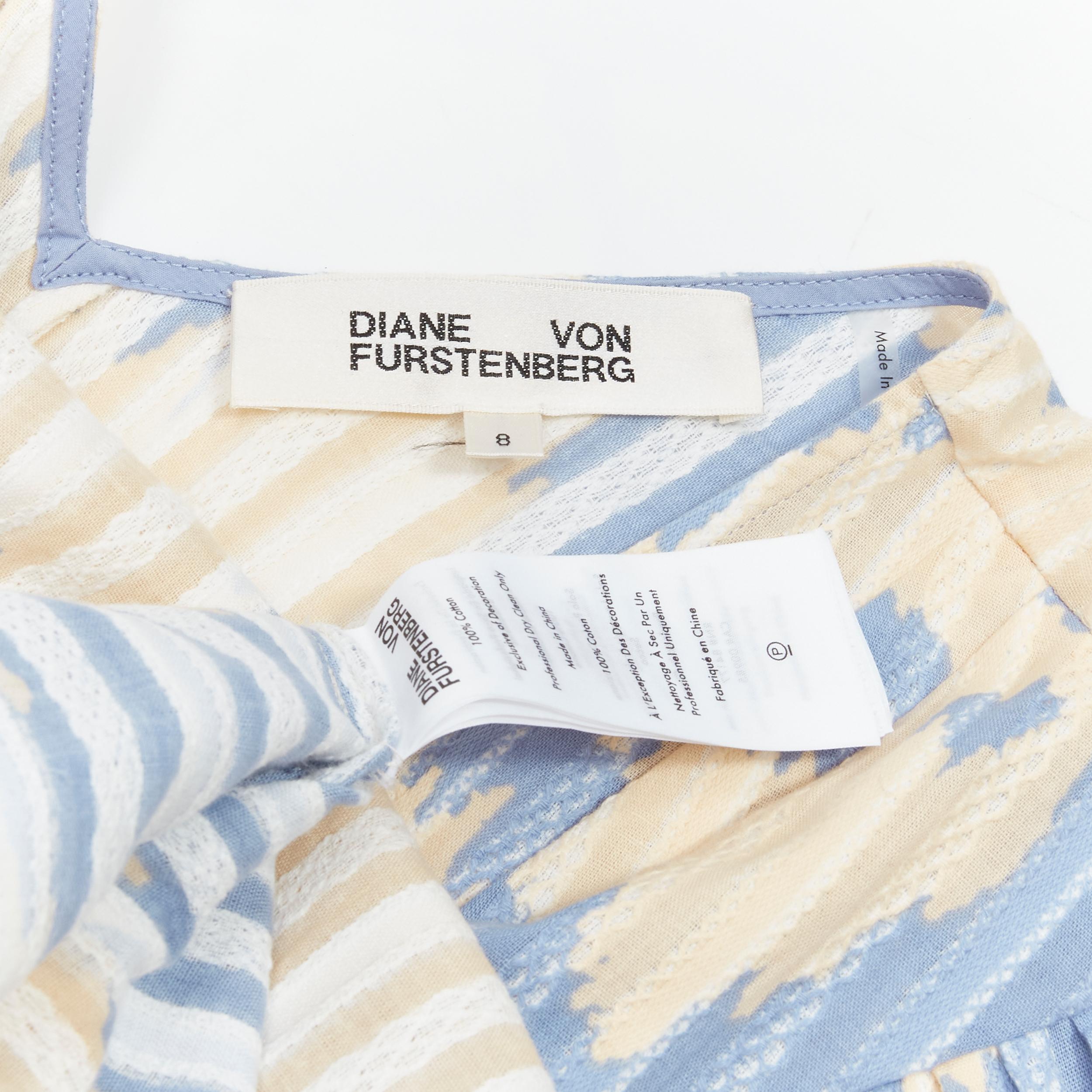DIANE VON FURSTENBERG beige blue print lattice embroidery puff sleeve dress US8 For Sale 5