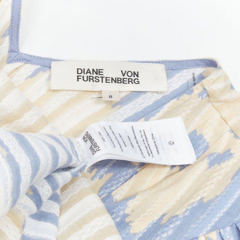 DIANE VON FURSTENBERG beige blue print lattice embroidery puff sleeve dress US8 For Sale 4