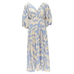 DIANE VON FURSTENBERG beige blue print lattice embroidery puff sleeve dress US8
