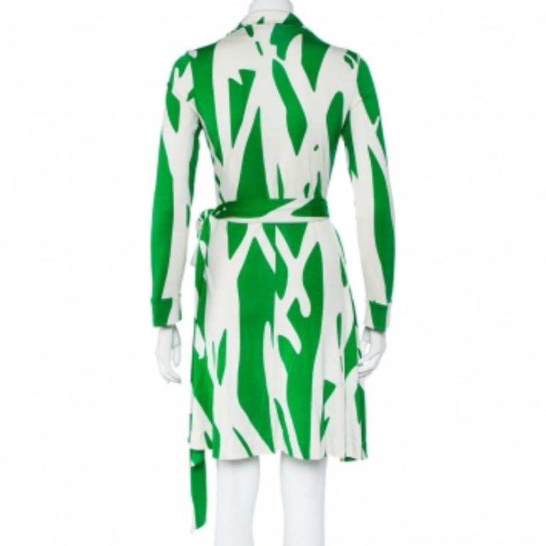 Gris Diane Von Furstenberg - Mini robe portefeuille à col en maille de soie imprimée beige et verte L