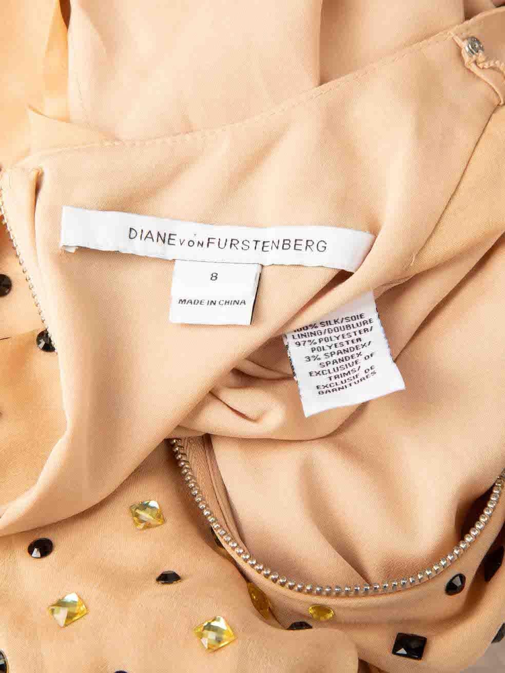 Diane Von Furstenberg Beige Silk Embellished Dress Size L For Sale 2