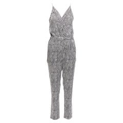 DIANE VON FURSTENBERG black abstract print silk blend wrap top jumpsuit US0 XS