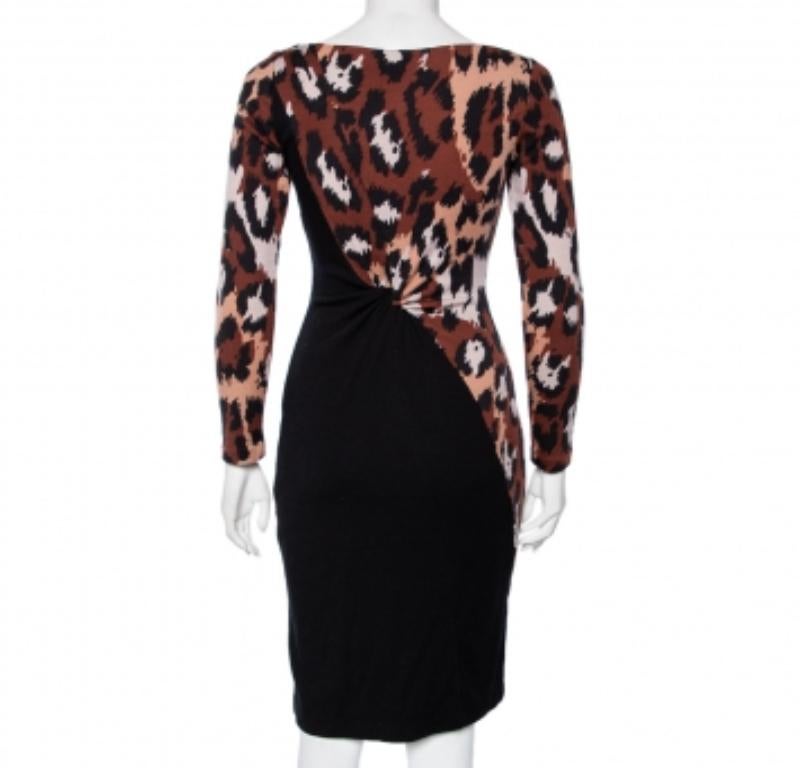 Noir Diane von Furstenberg Black & Brown Leopard Printed Wool Masankay Dress S