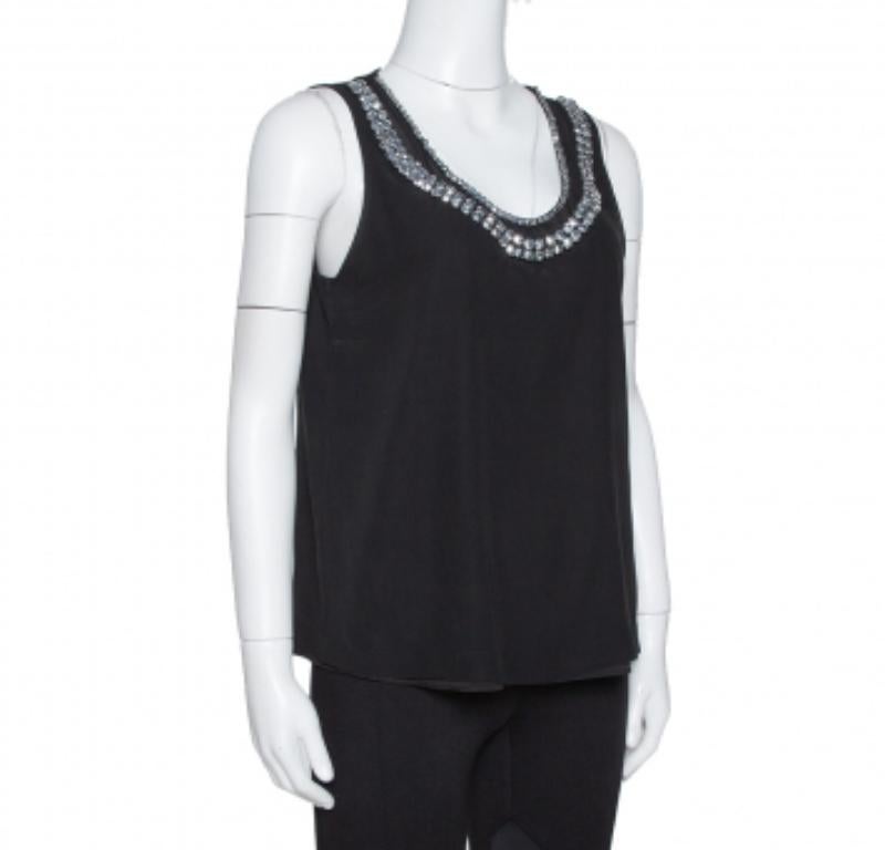Women's Diane Von Furstenberg Black Crystal Embellished Silk Ade Top S For Sale