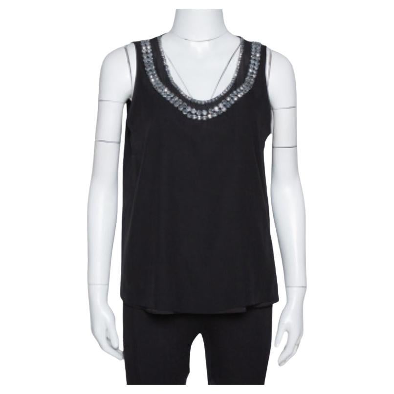 Diane Von Furstenberg Black Crystal Embellished Silk Ade Top S For Sale