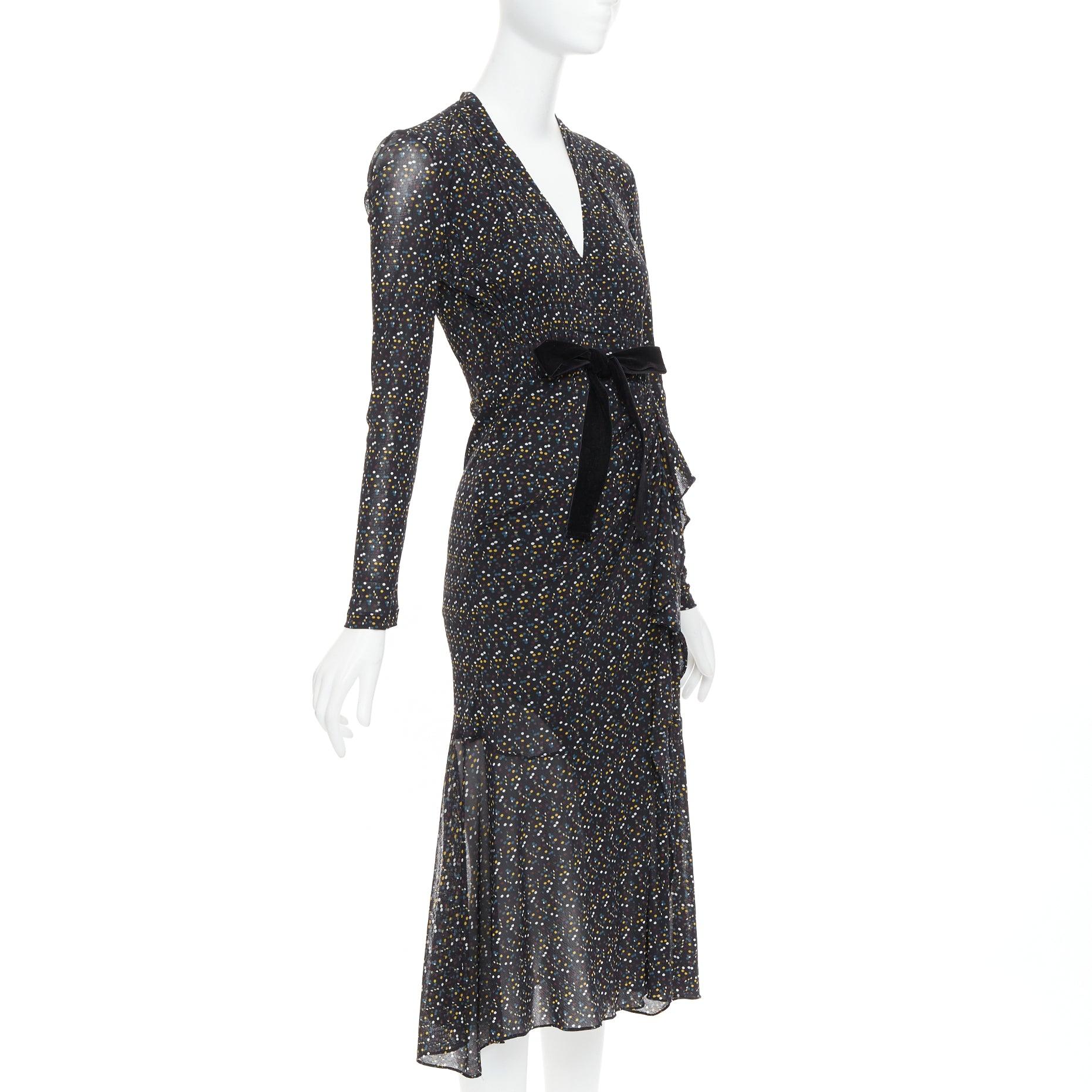 Black DIANE VON FURSTENBERG black multicolour polka dot bow wrap dress S For Sale