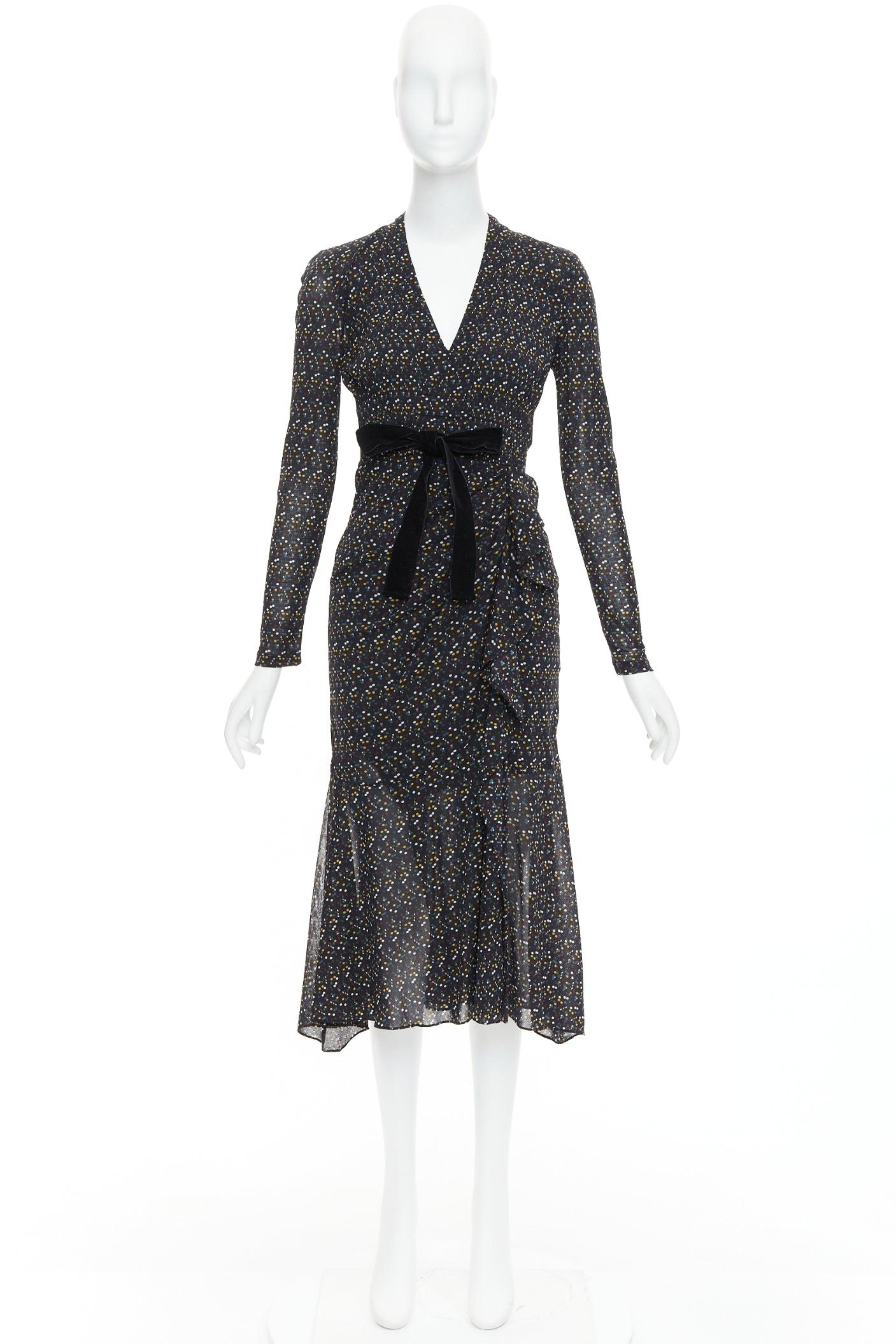 DIANE VON FURSTENBERG black multicolour polka dot bow wrap dress S For Sale 4