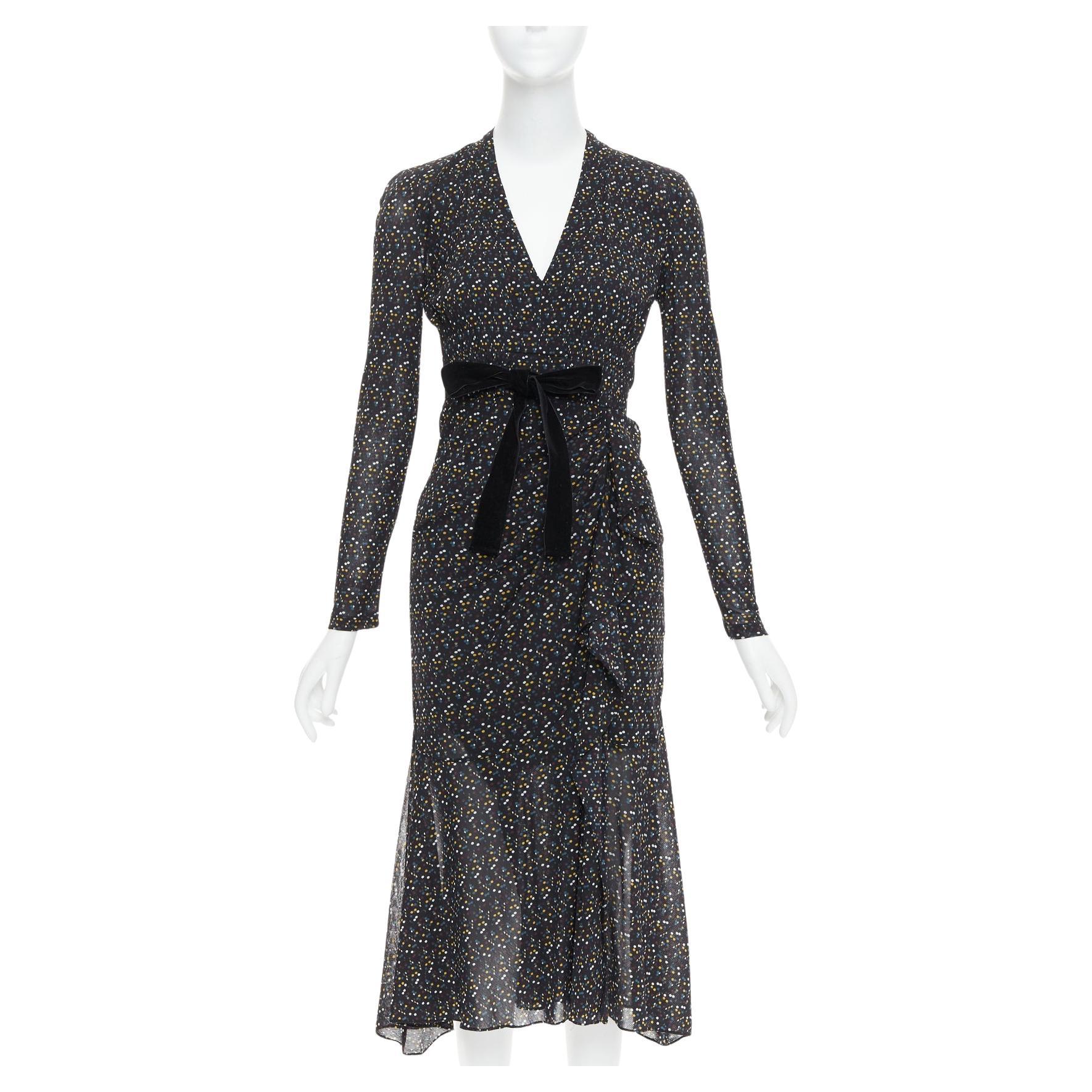 DIANE VON FURSTENBERG black multicolour polka dot bow wrap dress S