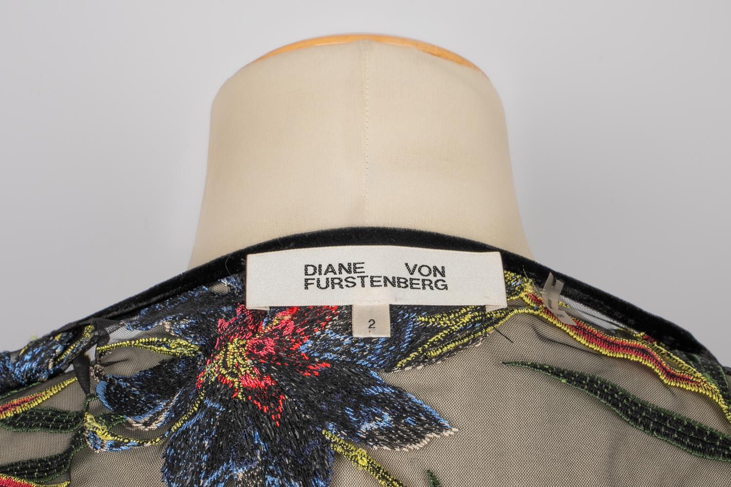 Diane Von Furstenberg Black Nylon Indoor Coat with Multicolored Flowers, 2018 For Sale 6