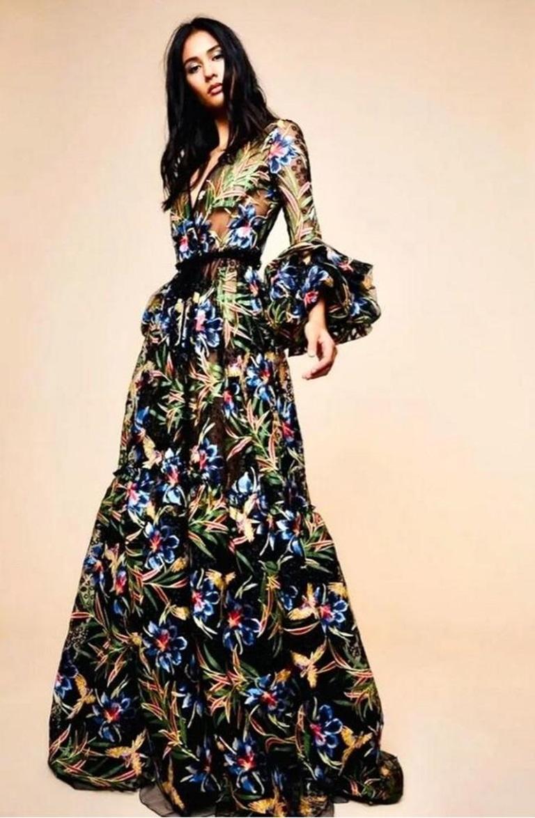 Diane Von Furstenberg Black Nylon Indoor Coat with Multicolored Flowers, 2018 For Sale 7