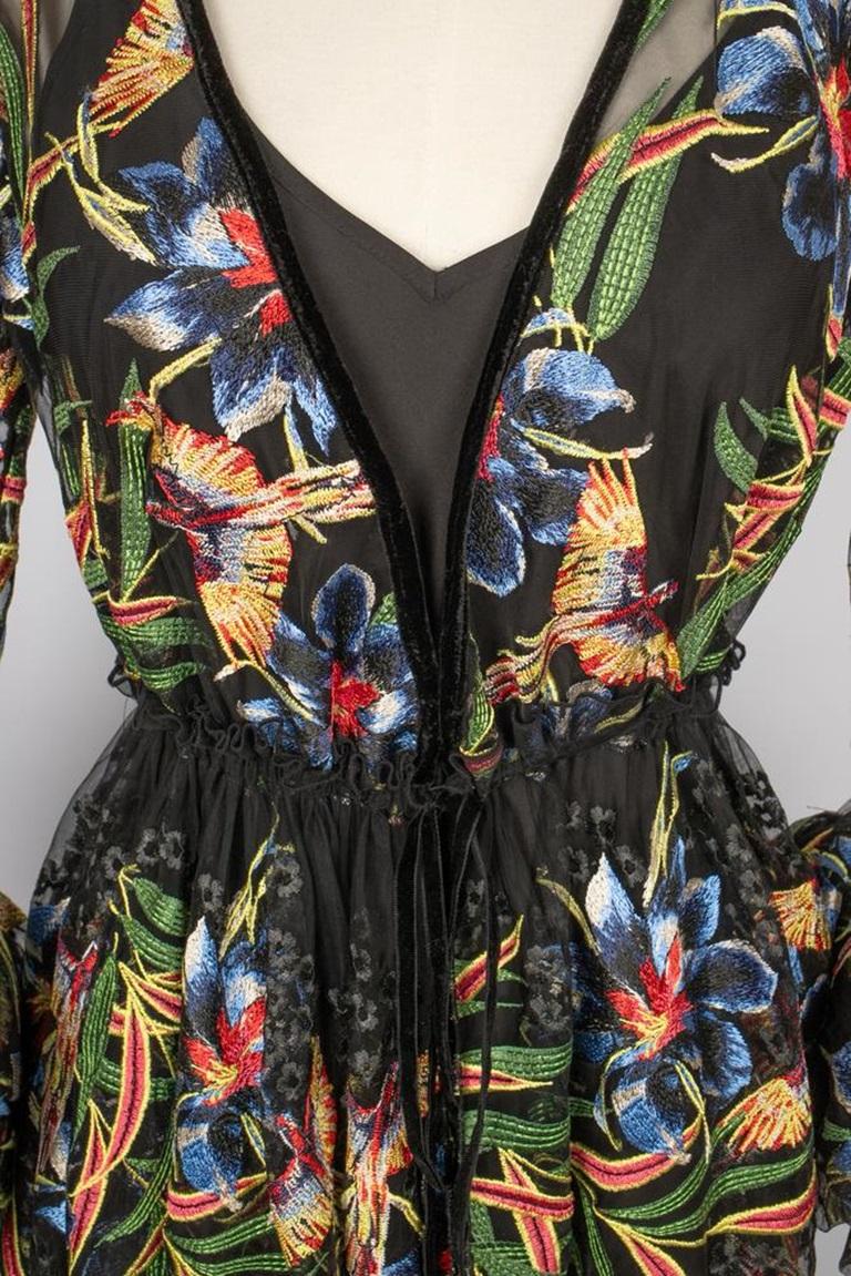 Diane Von Furstenberg Black Nylon Indoor Coat with Multicolored Flowers, 2018 For Sale 1