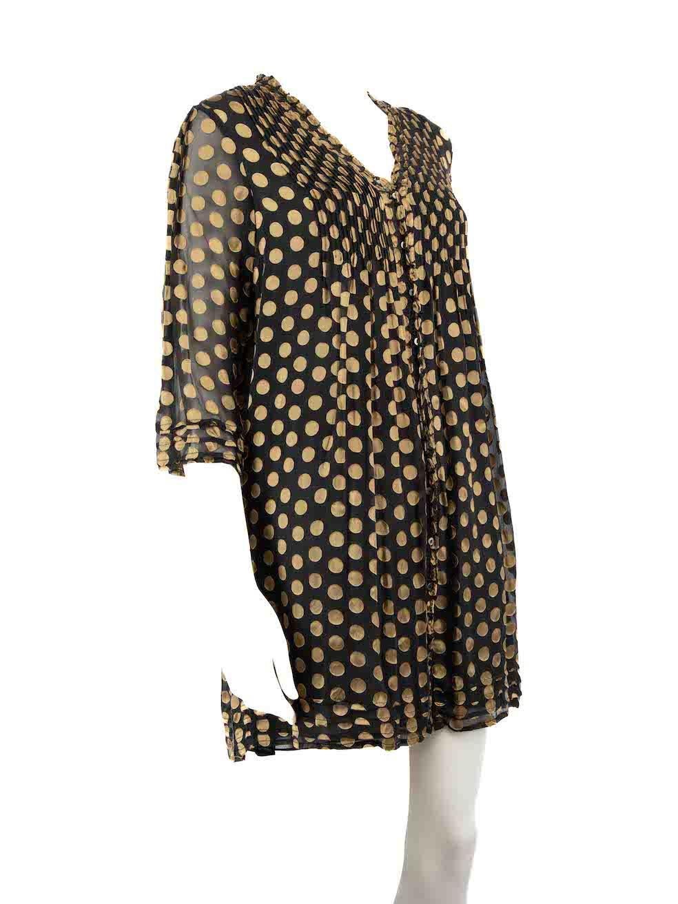 CONDITION is Very good. Hardly any visible wear to dress is evident on this used Diane Von Furstenberg designer resale item.
 
 
 
 Details
 
 
 Black
 
 Synthetic
 
 Mini dress
 
 Gold polkadot pattern
 
 V neckline
 
 Front button up closure
 
