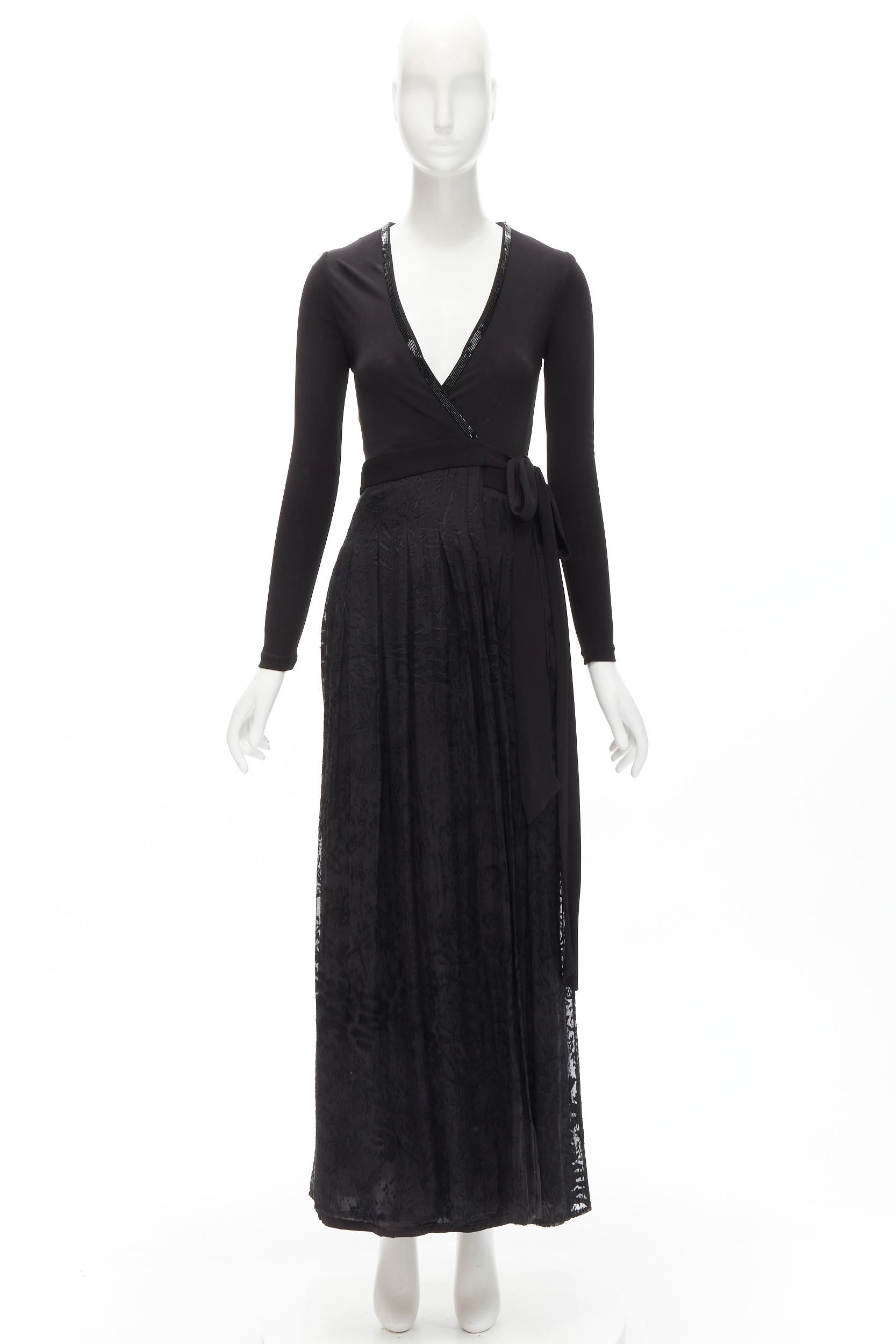 DIANE VON FURSTENBERG black silk bead embellished wrap maxi dress US0 XS For Sale 3