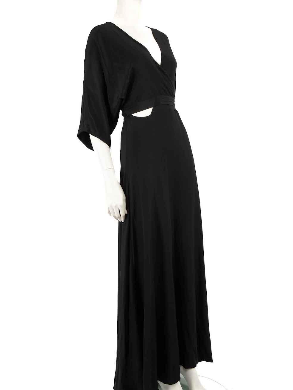 CONDITION is Very good. Hardly any visible wear to dress is evident. However, the size label is missing on this used Diane Von Furstenberg designer resale item.
 
 
 
 Details
 
 
 Black
 
 Silk
 
 Maxi dress
 
 Wrap bodice panel
 
 V neckline
 
