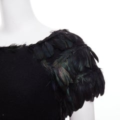 DIANE VON FURSTENBERG black wool iridescent sequin feather hem mini dress S