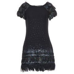 DIANE VON FURSTENBERG black wool iridescent sequin feather hem mini dress S