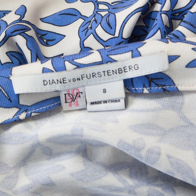 Diane von Furstenberg Blue Floral Print Silk Jersey Wrap Dress M For ...