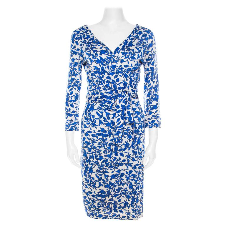 Diane von Furstenberg Blue Floral Print Silk Jersey Wrap Dress M