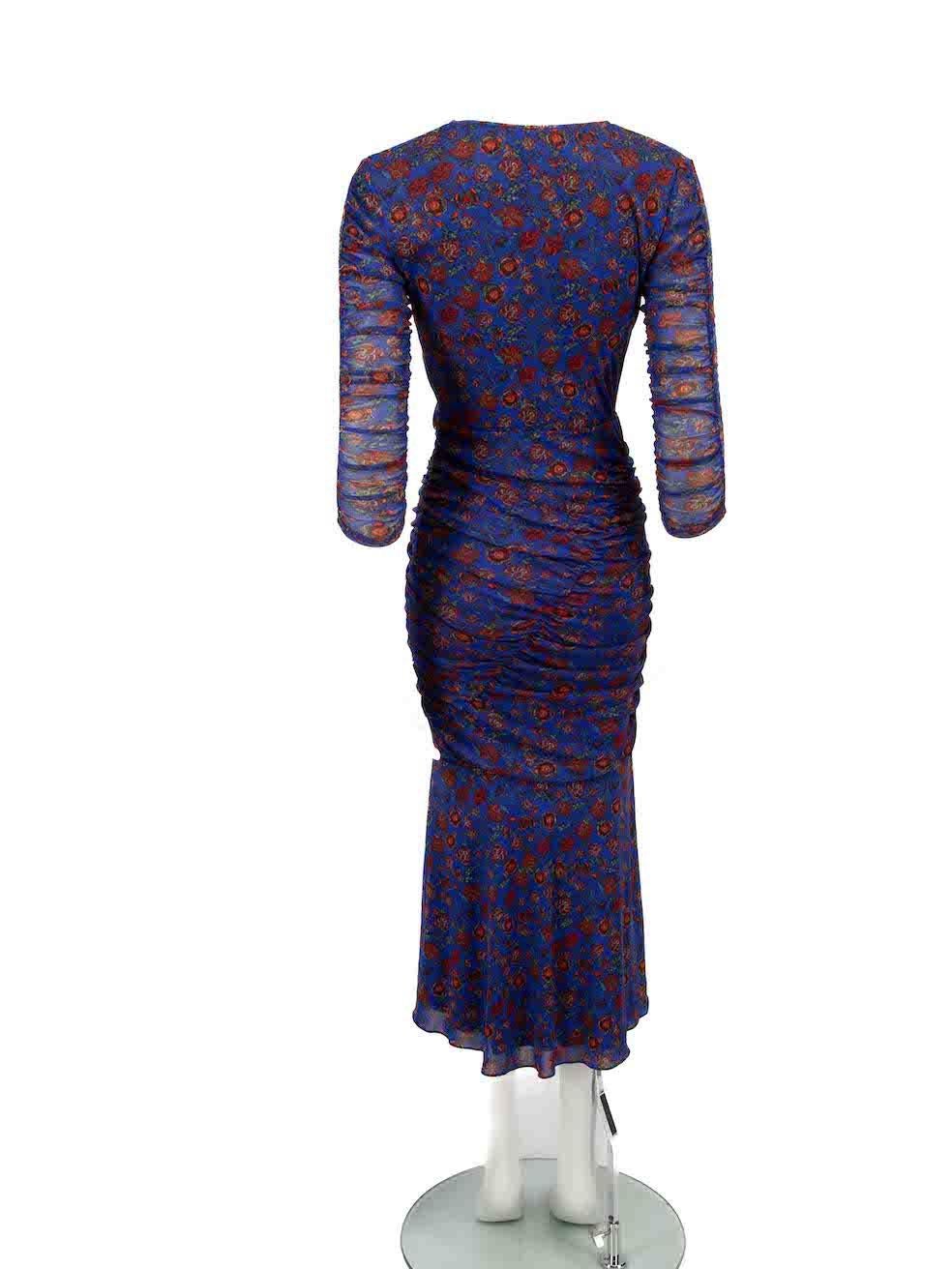 Diane Von Furstenberg Blue Floral Ruched Midi Dress Size S In Good Condition For Sale In London, GB