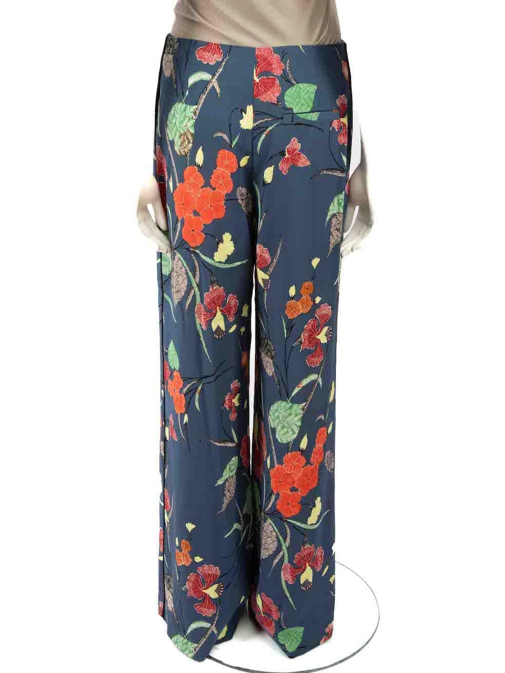Diane Von Furstenberg Blue Floral Wide Leg Trousers Size M In New Condition For Sale In London, GB