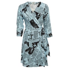 Diane Von Furstenberg Blue Newspaper Crepe Printed Wrap Dress S