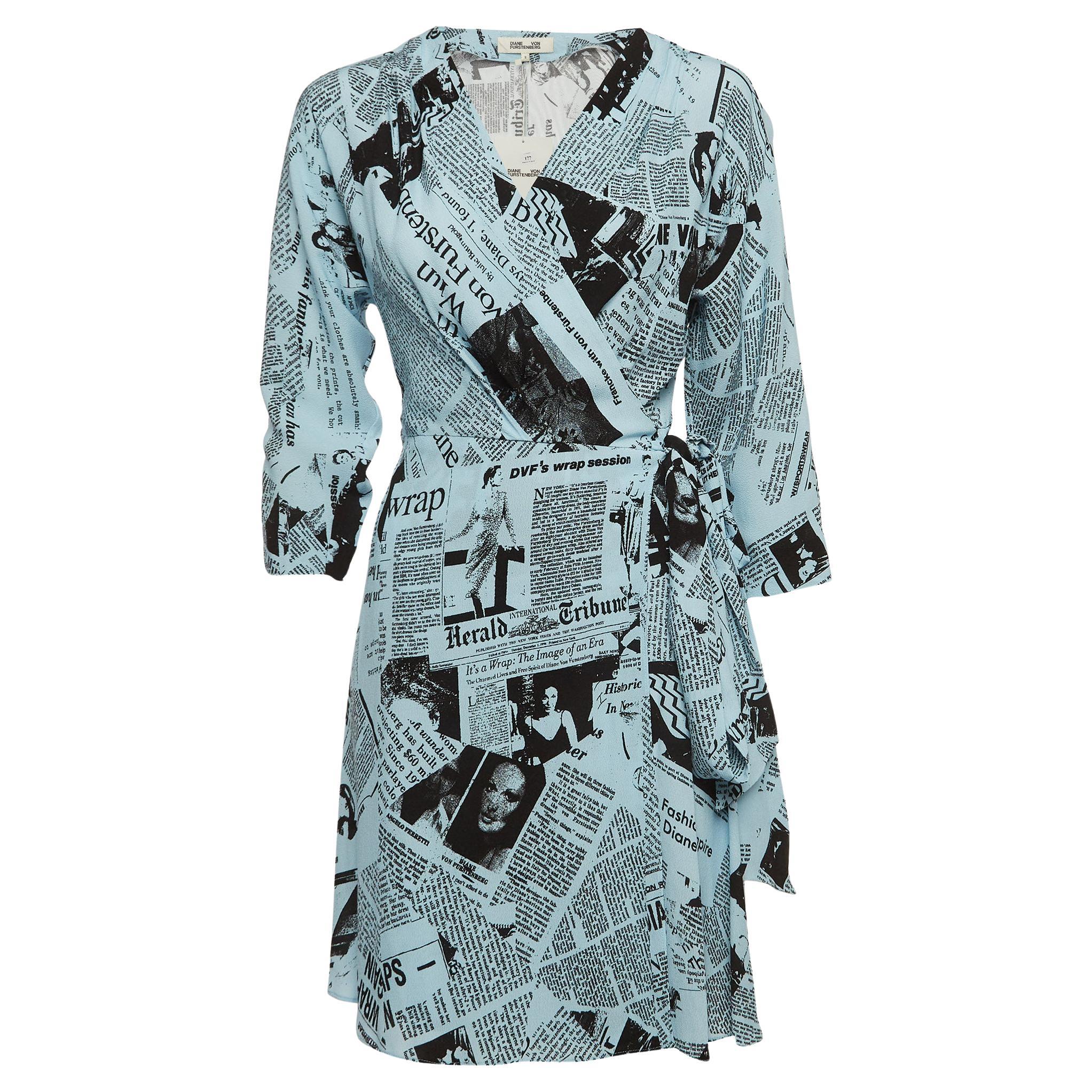 Diane Von Furstenberg Blue Newspaper Crepe Printed Wrap Dress S