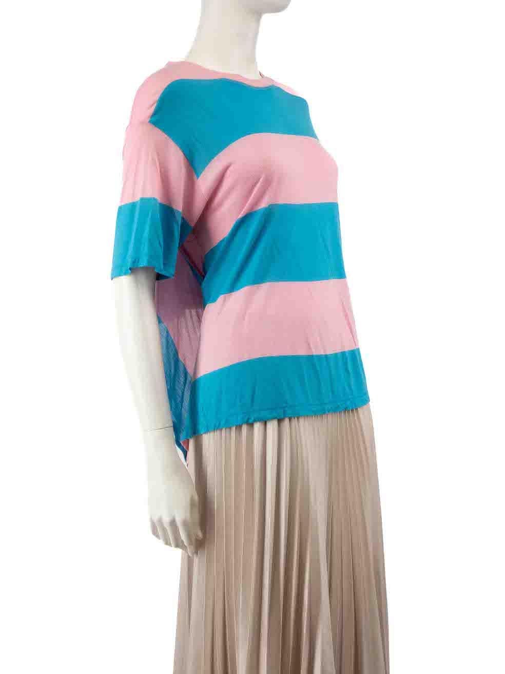CONDITION is Very good. Hardly any visible wear to t-shirt is evident on this used Diane Von Furstenberg designer resale item.
 
 
 
 Details
 
 
 Blue and pink
 
 Viscose
 
 Short sleeves top
 
 Striped pattern
 
 Round neckline
 
 Tie back detail
