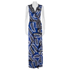 Diane Von Furstenberg Blue Printed Silk Jersey Orchid Maxi Wrap Dress M
