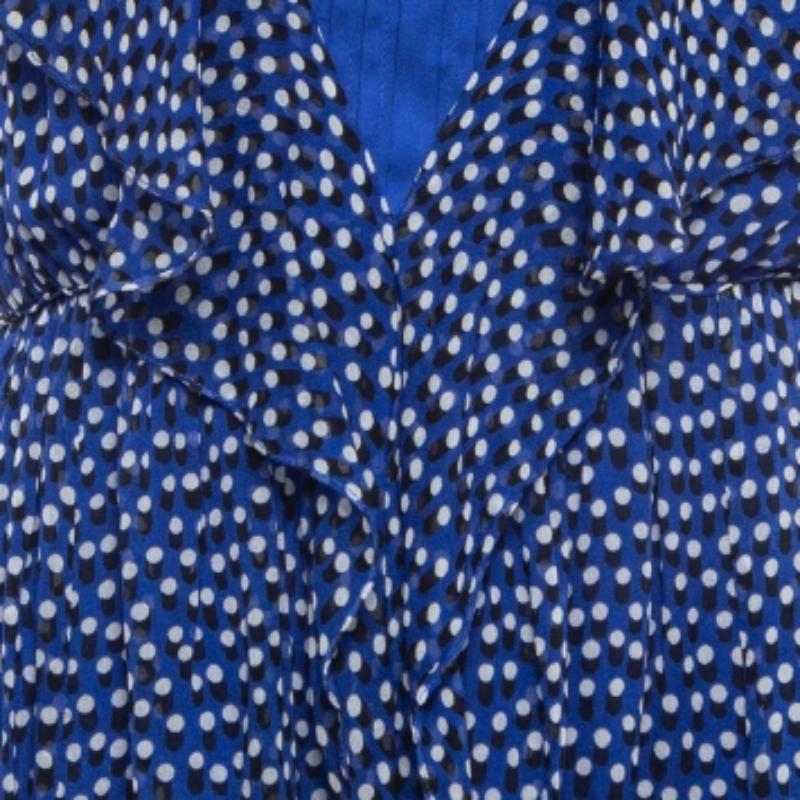 Diane von Furstenberg Mini vestido con volantes y cuello en V de seda estampada azul XS Azul en venta