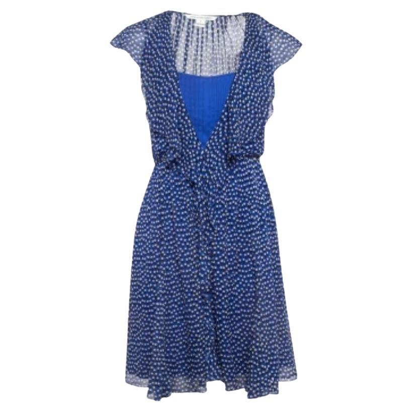 Diane von Furstenberg Mini Dress XS in seta stampata blu con scollo a V e volant
