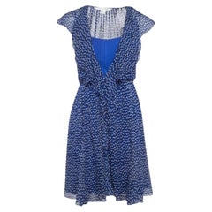 Diane Von Furstenberg Blue Printed Silk V Neck Ruffled Mini Dress XS