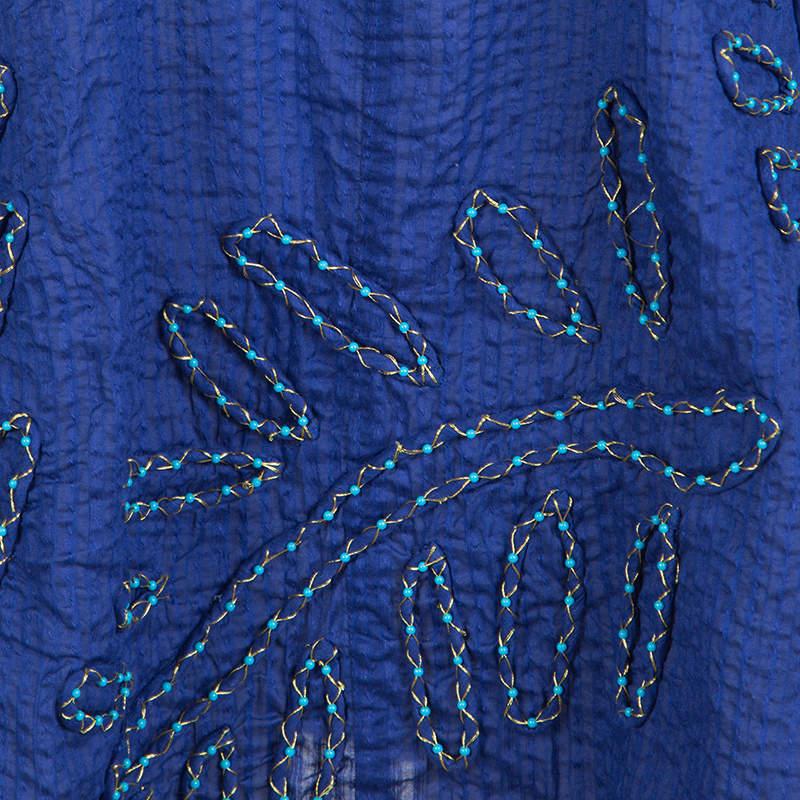 Diane Von Furstenberg Blue Seersucker Beaded Applique Detail Tunic M In Good Condition For Sale In Dubai, Al Qouz 2