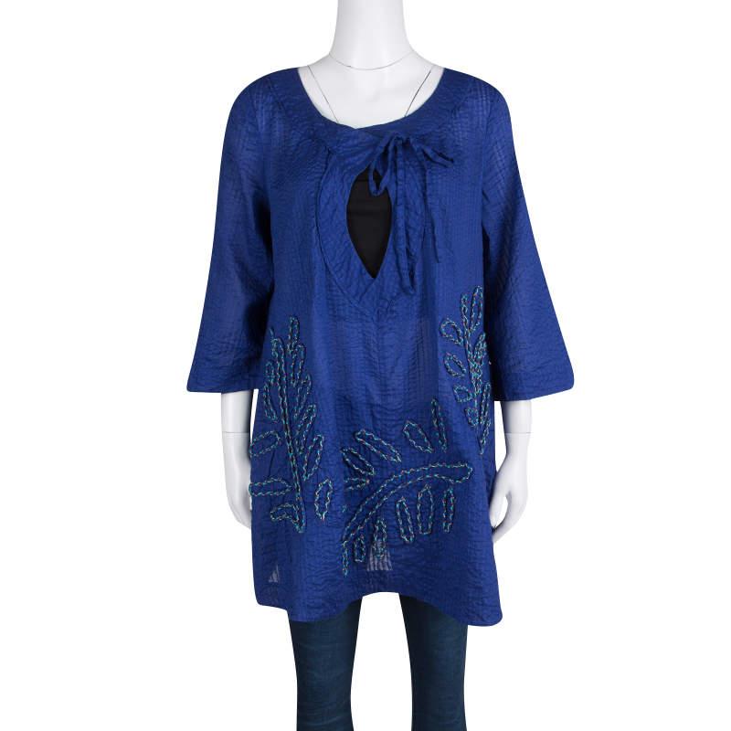 Diane Von Furstenberg Blue Seersucker Beaded Applique Detail Tunic M For Sale 1