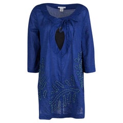 Diane Von Furstenberg Blue Seersucker Beaded Applique Detail Tunic M