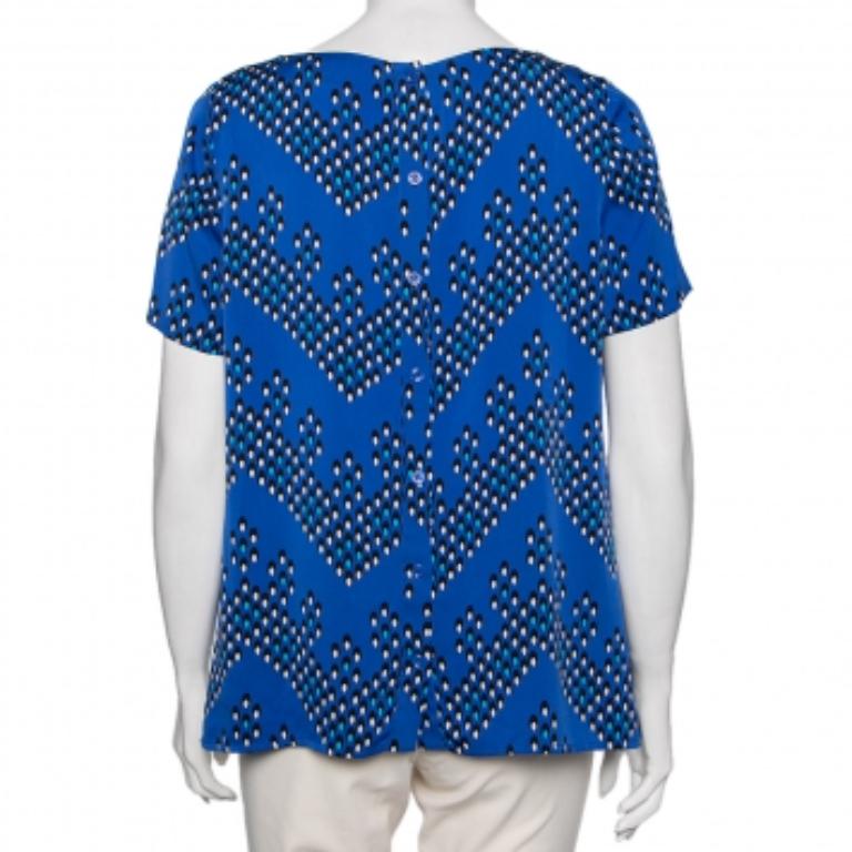 Diane von Furstenberg Blaue Seide Maggy Chevron Dots Bedrucktes Top M Damen im Angebot