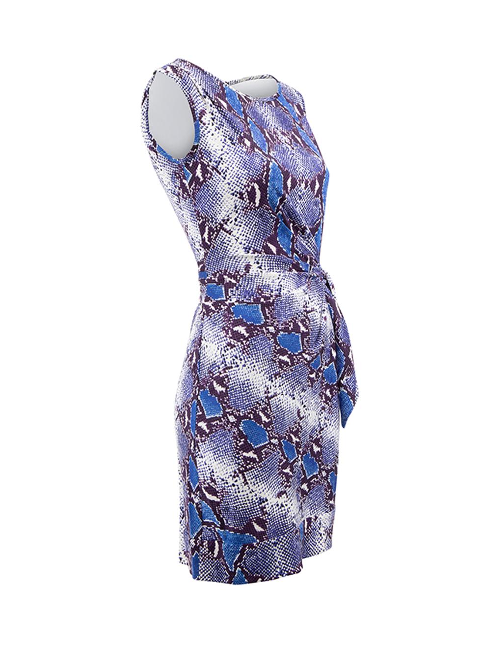 CONDITION is Very good. Hardly any visible wear to dress is evident on this used Diane Von Furstenberg designer resale item. 
 
 
 
 Details
 
 
 Blue
 
 Silk
 
 Mini dress
 
 Snakeskin pattern
 
 Round neckline
 
 Tie waisted ruched design
 
 
 
 
