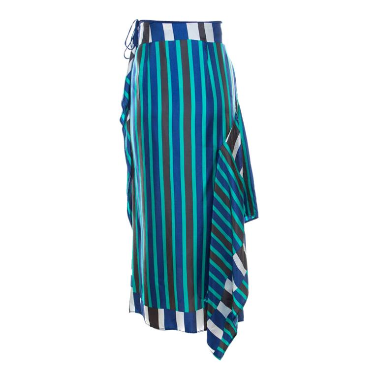 Diane Von Furstenberg Blue Striped Silk Asymmetric Saxon Skirt S