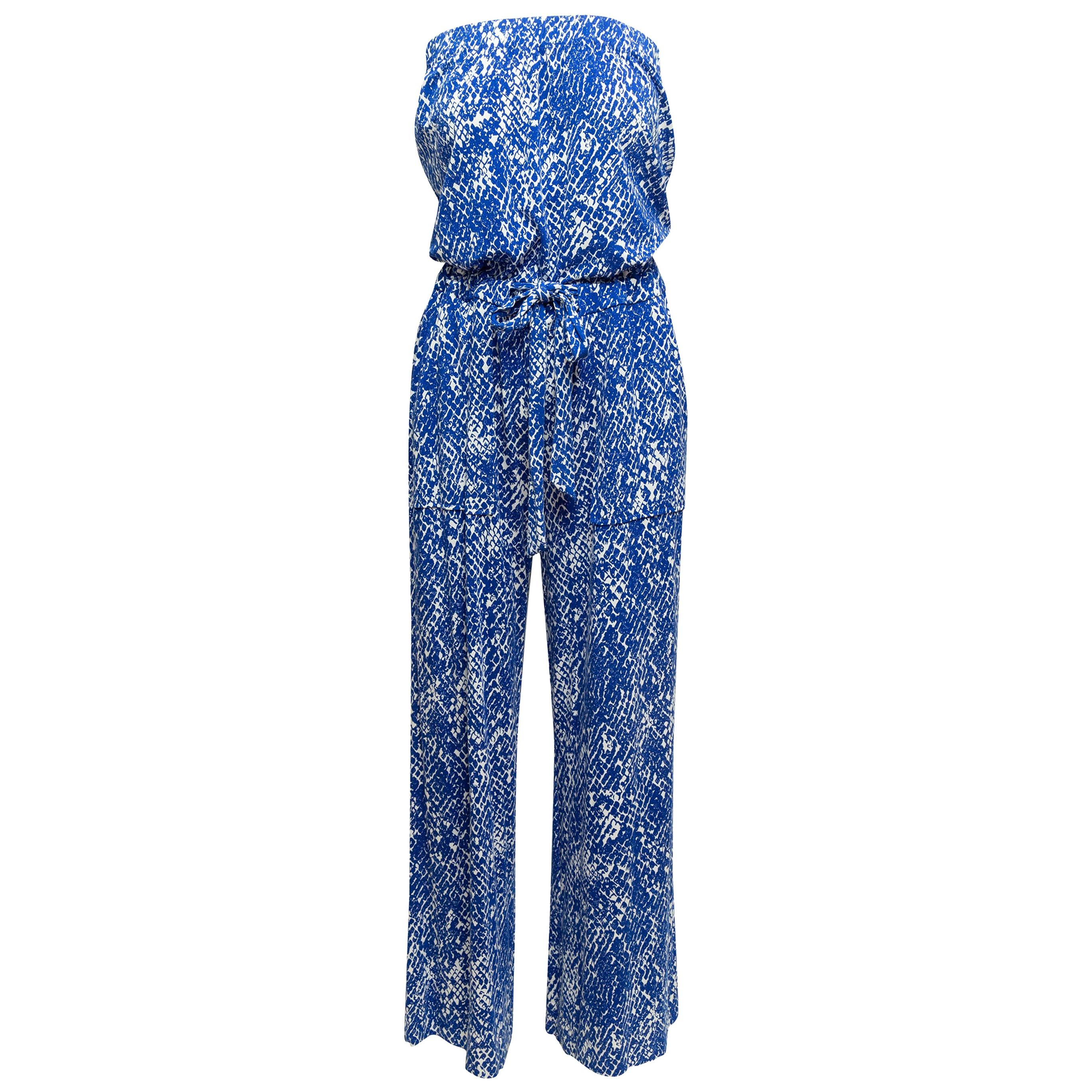 Diane Von Furstenberg Blue 
White Silk Jumpsuit