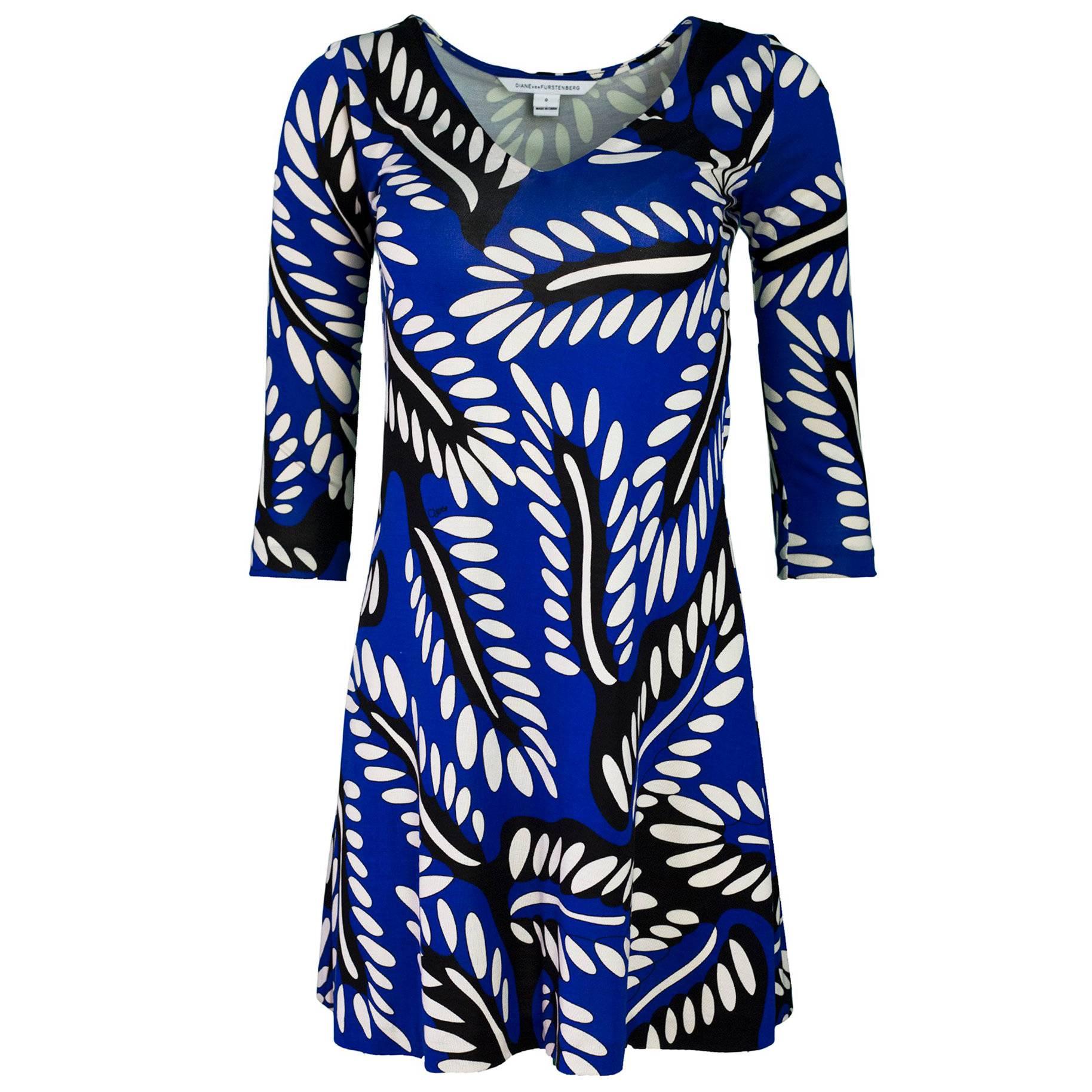 Diane von Furstenberg Blue, Black & White Silk Print Dress Sz 0