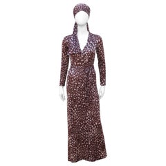 Retro Diane Von Furstenberg Brown Polka Dot Print Maxi Dress With Scarf, 1970’s