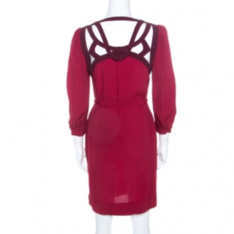 Rouge Diane von Furstenberg Burgundy Crepe Cut Out Neck Detail Belted Jadey Dress S en vente