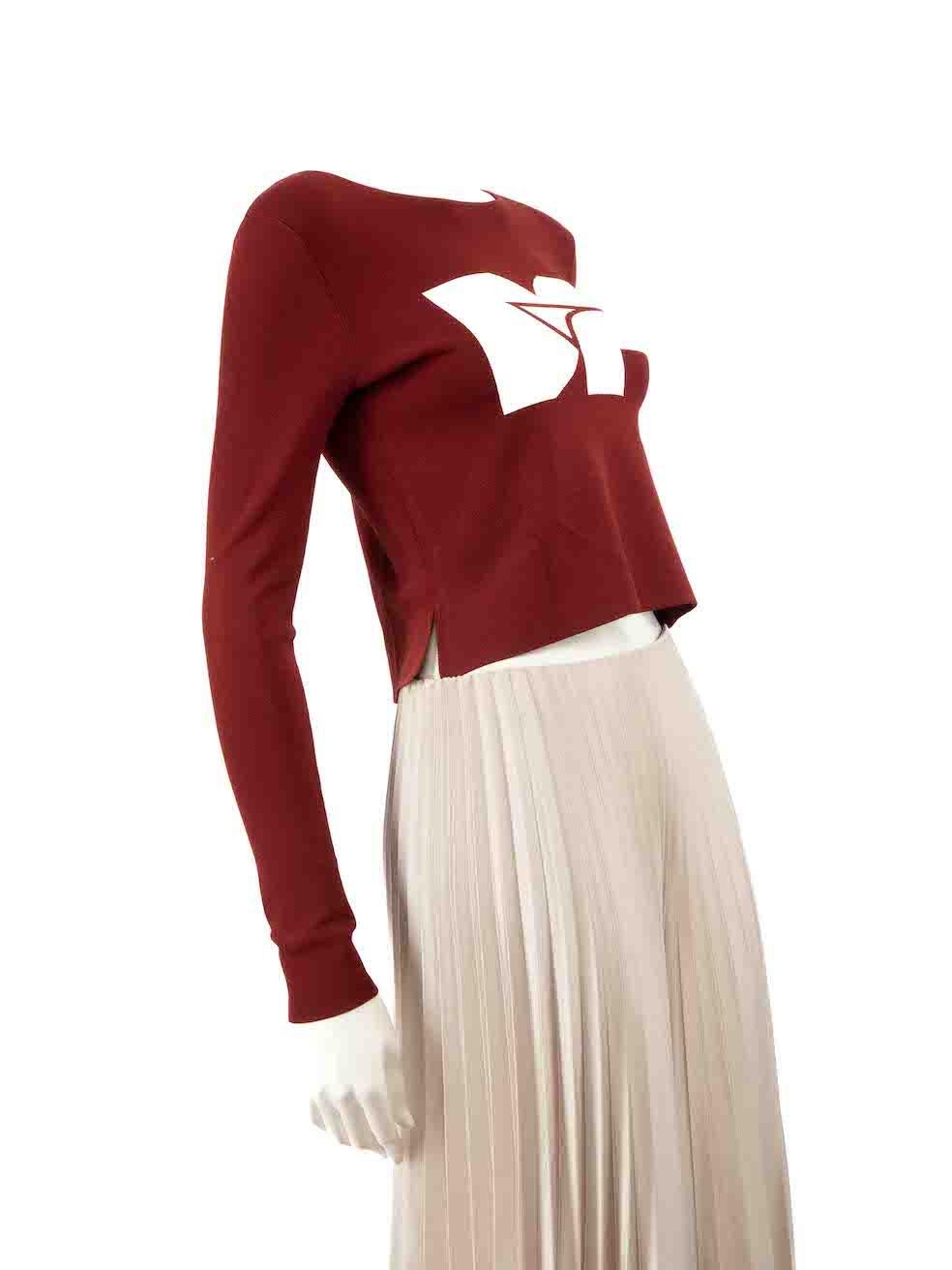 CONDITION is Very good. Hardly any visible wear to sweatshirt is evident on this used Diane Von Furstenberg designer resale item.
 
 
 
 Details
 
 
 Burgundy
 
 Viscose
 
 Top
 
 Cropped
 
 Stretchy
 
 Long sleeves
 
 Front logo detail
 
 Round