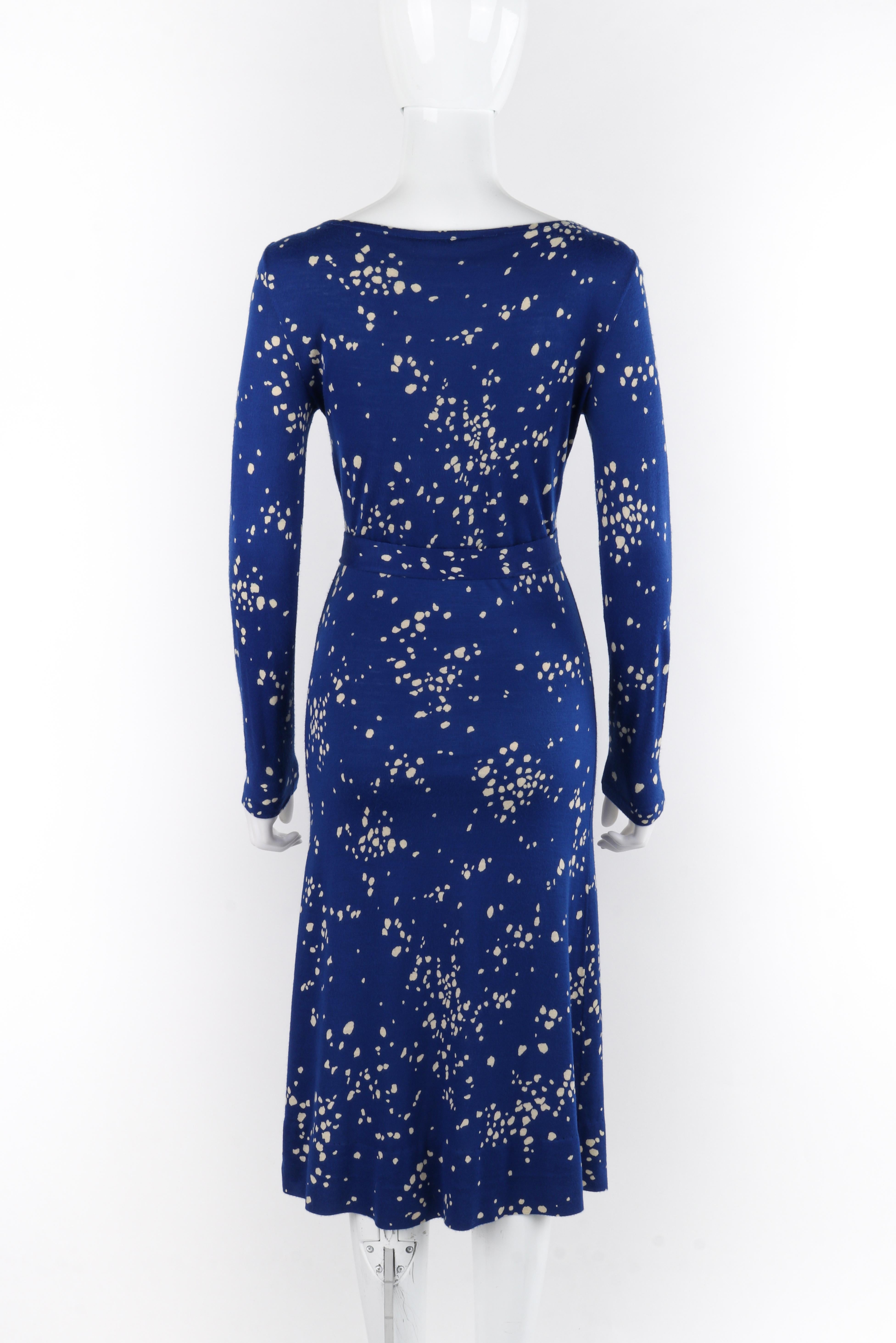 DIANE Von FURSTENBERG c.1970's Blue White Speckled Belted Long Sleeve Dress 1