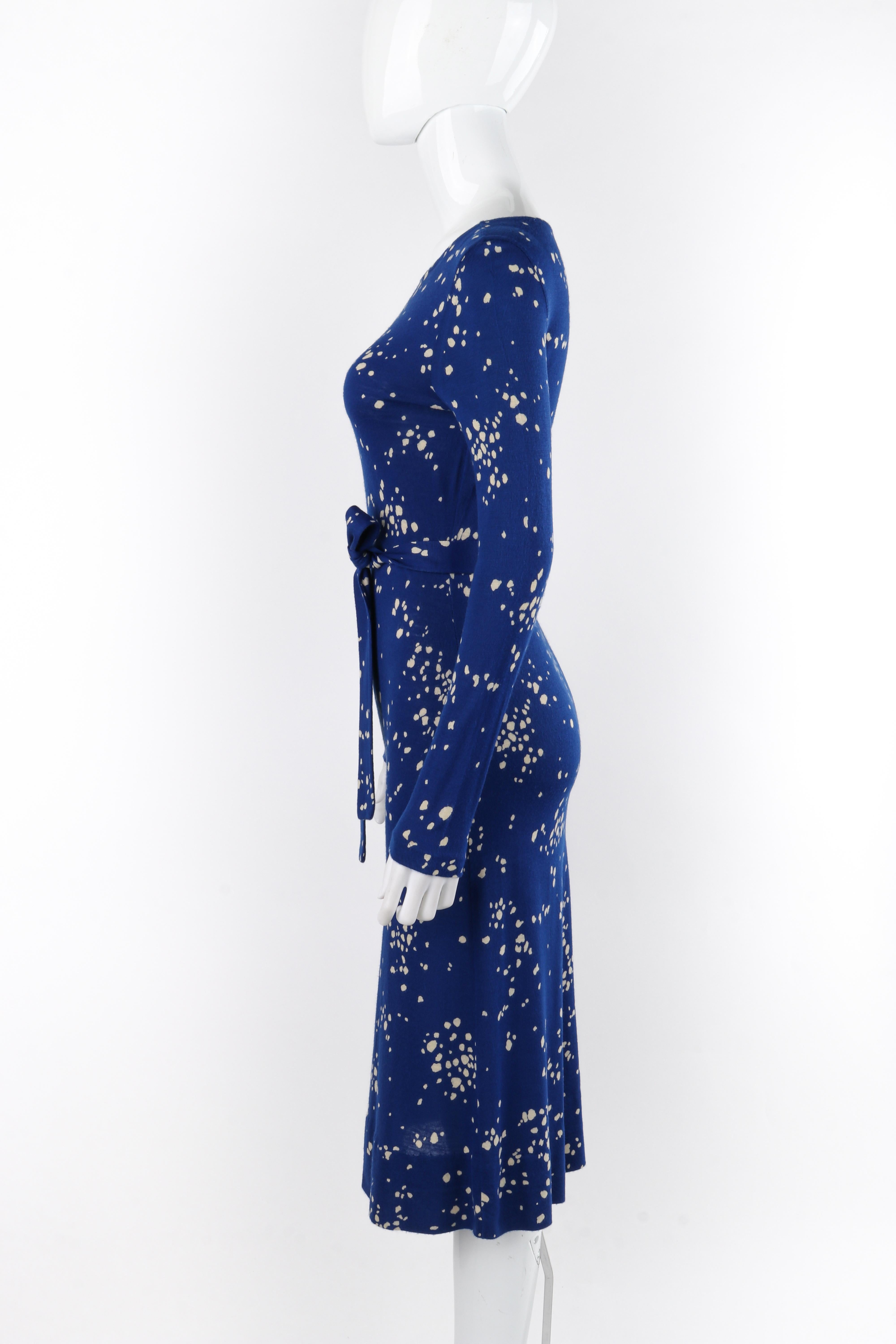 DIANE Von FURSTENBERG c.1970's Blue White Speckled Belted Long Sleeve Dress 2