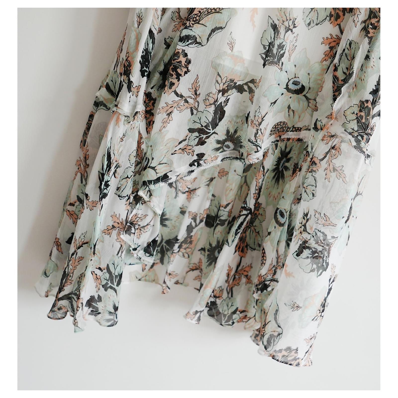 Super pretty Diane Von Furstenberg Carol dress - bought for £675 and new with tags. Made from soft silk georgette with a delicately muted floral print, it has ruffle trims, flutter sleeves and asymmetric, cu away hem. Has back zip. Size US4/UK8.