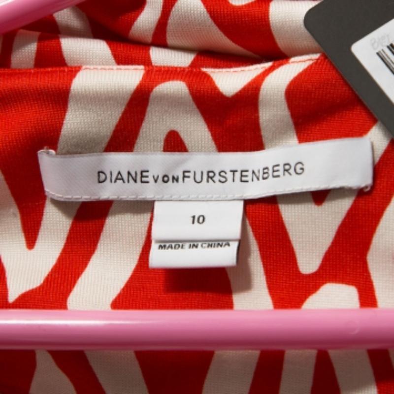 Diane von Furstenberg Korallenrotes Ikat-Print Seidenkleid Reina mit langen Ärmeln L Damen im Angebot