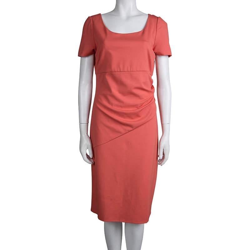 Diane von Furstenberg Coral Red Stretch-Cady Gathered Bevina Dress L In Good Condition For Sale In Dubai, Al Qouz 2