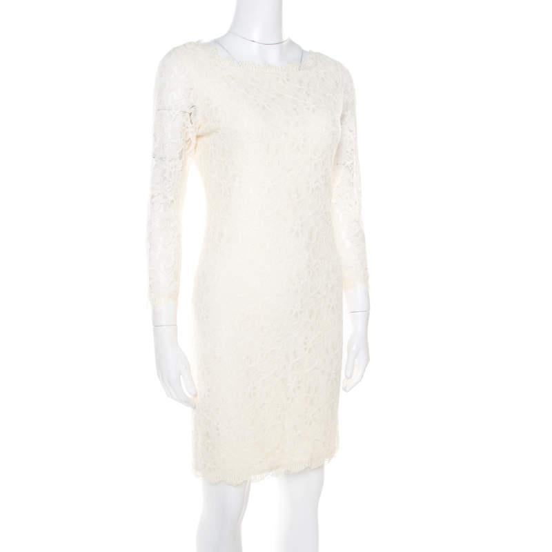 Diane Von Furstenberg Cream Long Sleeve Zarita Lace Dress S In Good Condition For Sale In Dubai, Al Qouz 2
