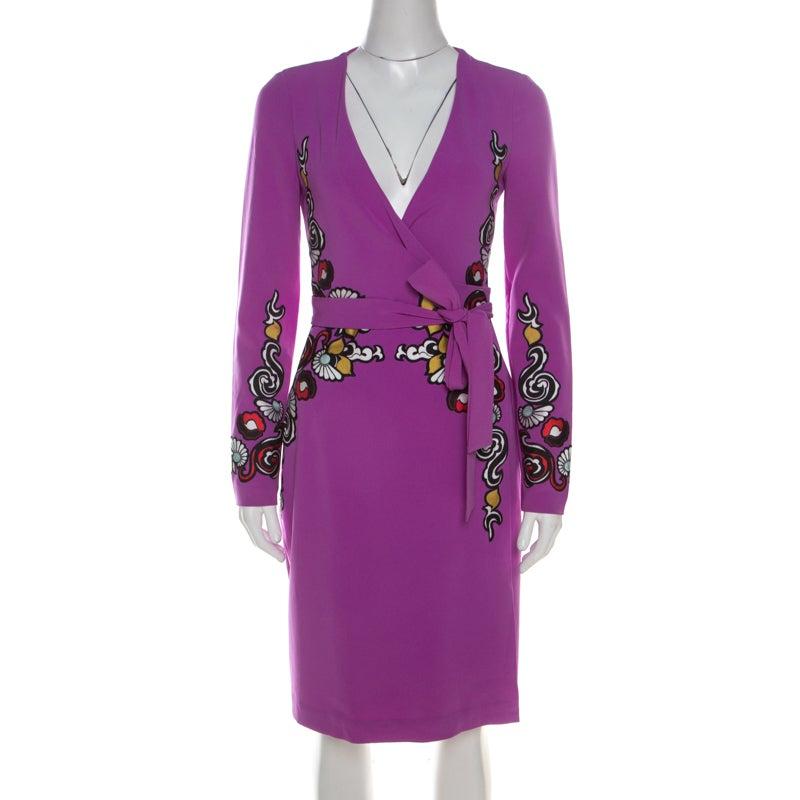 Diane von Furstenberg Crepe Floral Applique Violette Soft Iris Wrap Dress XS