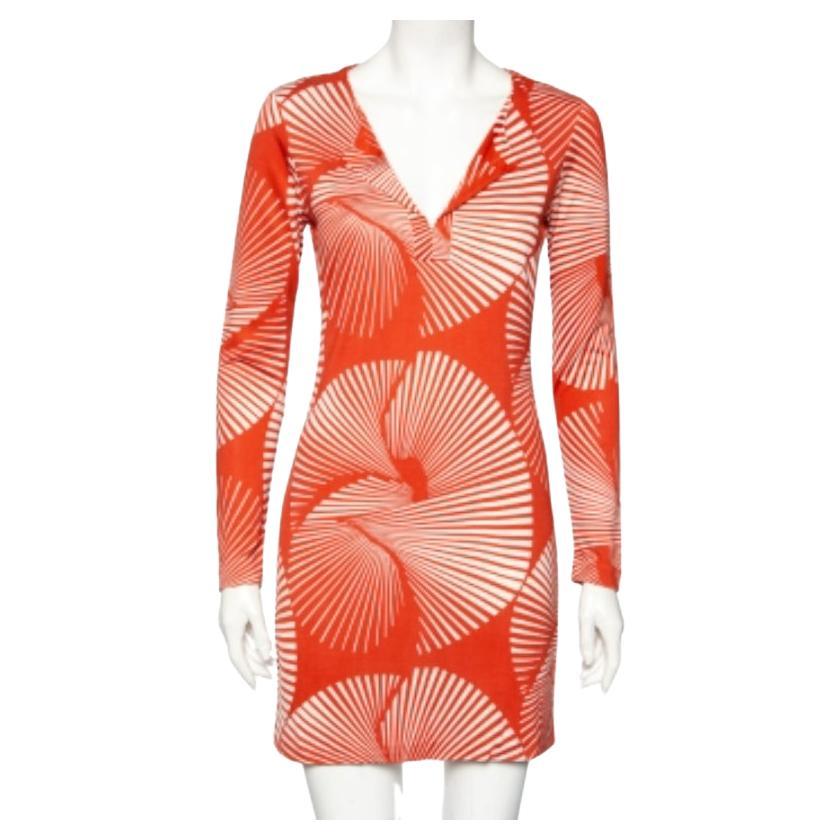 Diane von Furstenberg Dull Orange Printed Silk Reina Long Sleeve Dress S